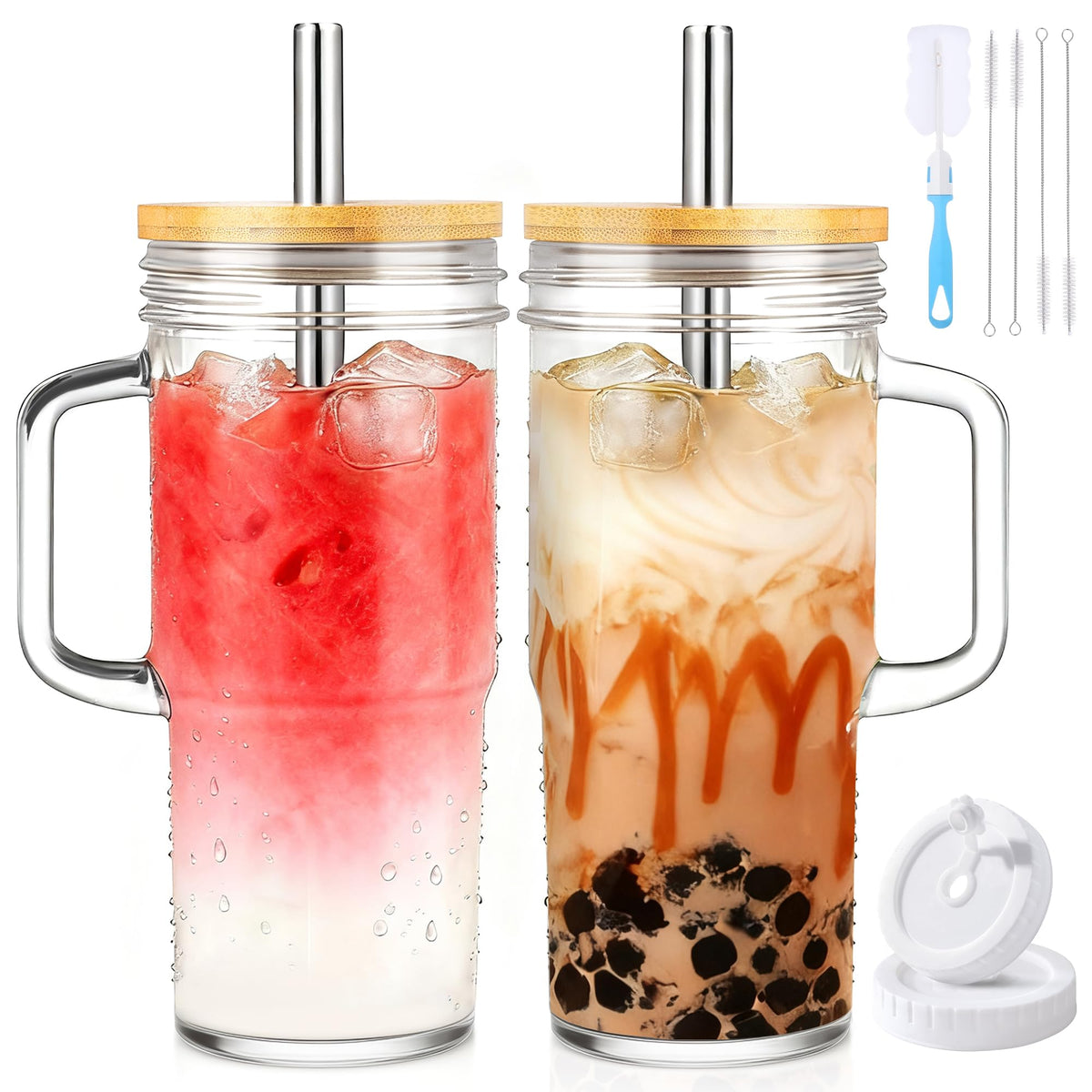 Birity 2Pack 40OZ Glass Tumbler with Handle,Glass Cup with Lid and Straw,Reusable Glass Iced Coffee Cup for Beer, Smoothies, Juice,Hot/Cold Drinks-Suitable for Birthday,Wedding