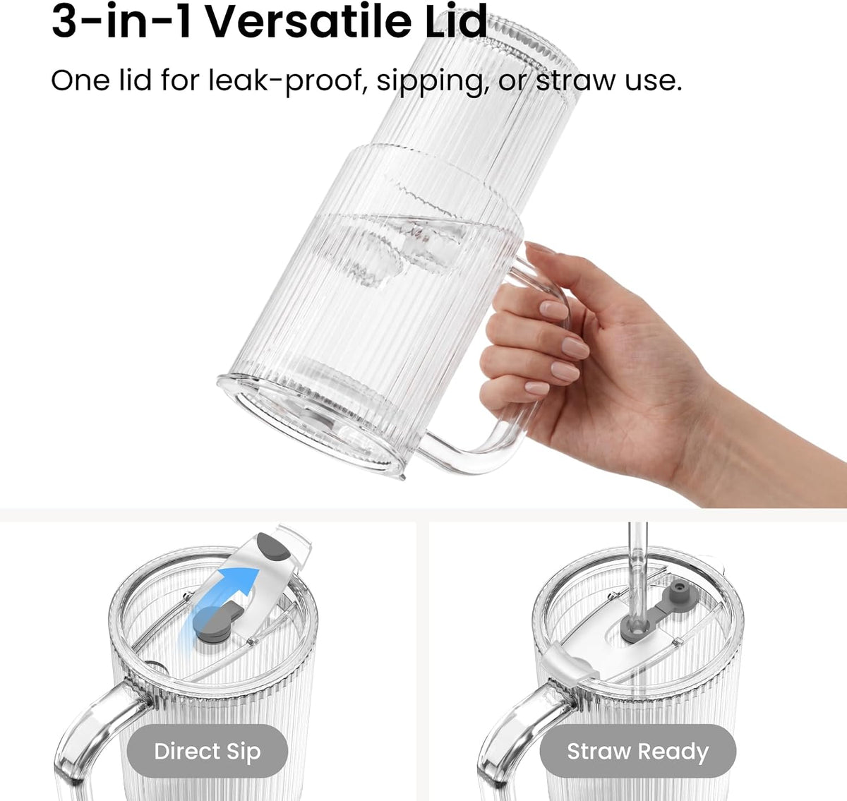 INSETLAN 24 oz Ribbed Glass Tumbler with Handle, 2-Pack Iced Coffee Cups