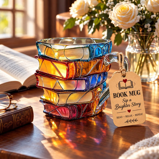 3D Painted Book Stack Glass Coffee Mug, 12 oz Colorful Heat-Resistant Cup, Christmas & Holiday Gifts for Books Lovers, Readers, Writers, Librarians, Book Club and Bookworm Fans