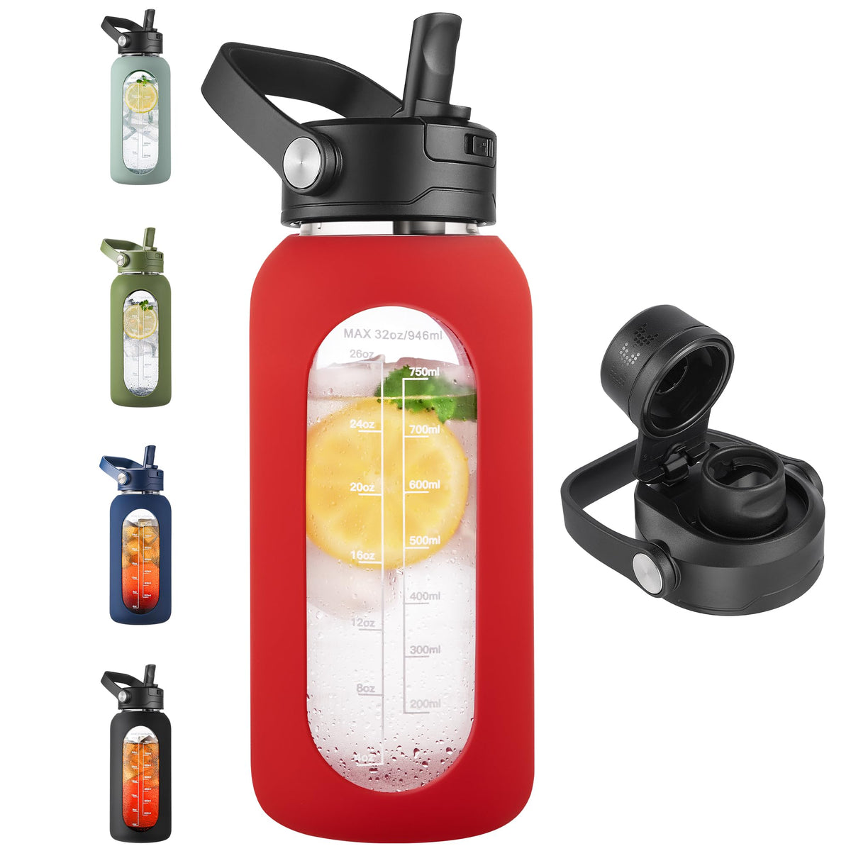 CIVAGO 64 oz Glass Water Bottle Jug with Detachable Straw and Time Maker