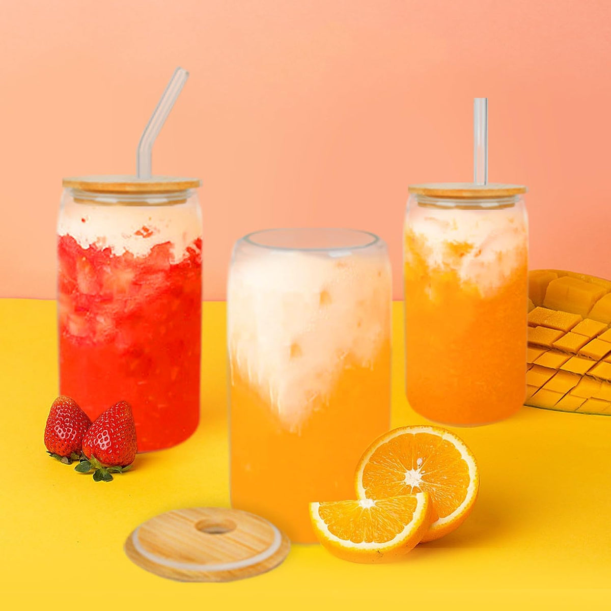 GIVAMEIHF 12 Pcs Glass Cups with Lids and Straws,16 oz Glass Tumbler Set Iced Coffee Glasses with Bamboo Lids and Glass Straws,Drinking Glasses Glass Coffee Cups for Soda,Juice,Coffee Bar,Gifts