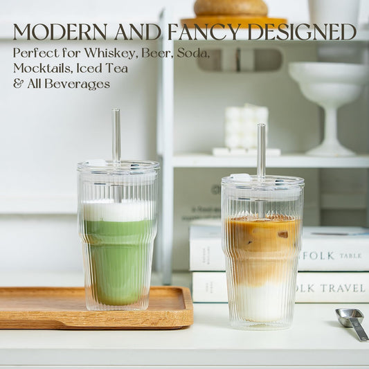 KEMORELA Double Wall Glass Tumbler,16oz Glass Tumbler with Lids and Straws