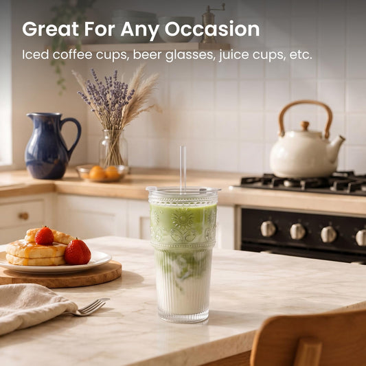 INSETLAN 20 oz Iced Coffee Cups with Lids and Straw, Set of 4 Glass Tumbler