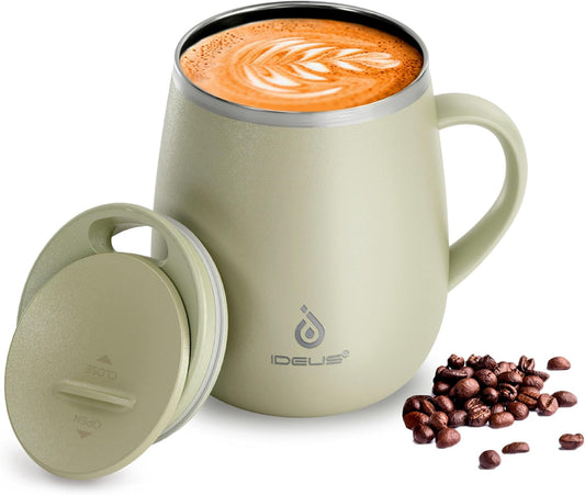 Ideus 16 oz Insulated Coffee Mug with Lid and Handle (Celadon, FUJI DAWN)