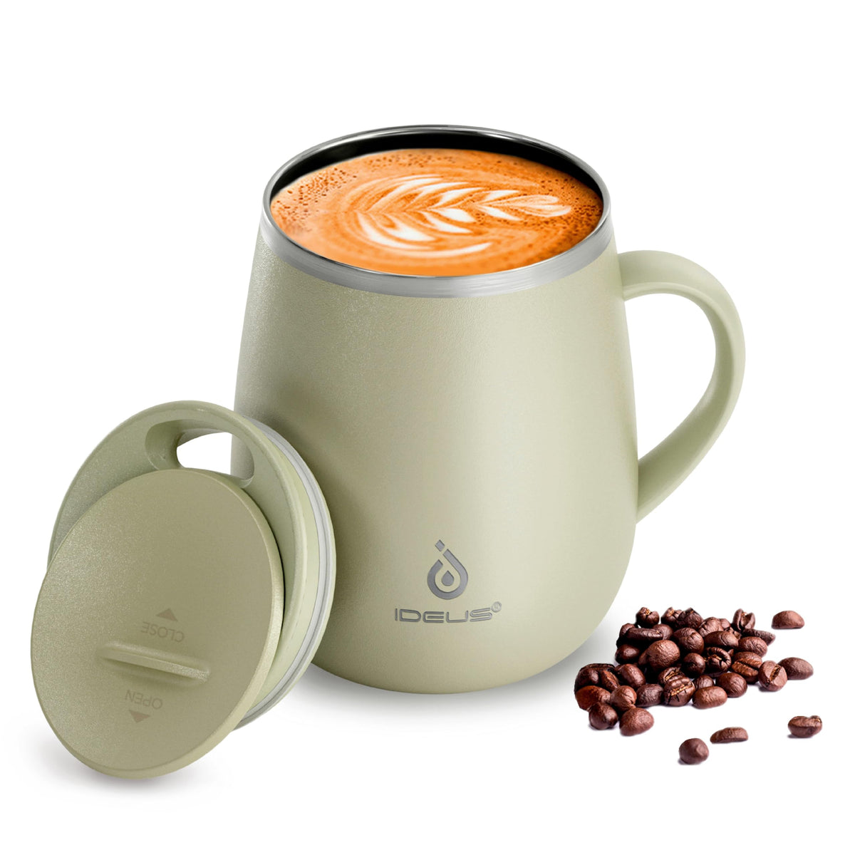 Ideus 16 oz Insulated Coffee Mug with Lid and Handle (Celadon, FUJI DAWN)