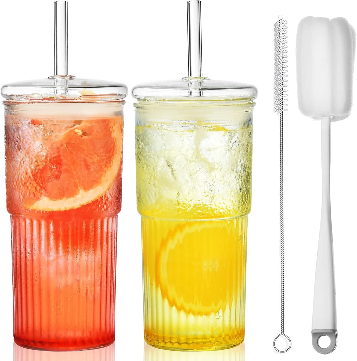 ALINK Glass Cups with Lids and Straws, 22 oz High Borosilicate Clear Iced Coffee Glass Tumblers, Drinking Glass Smoothie Tea Water Cups, Pack of 2 with Cleaning Brush