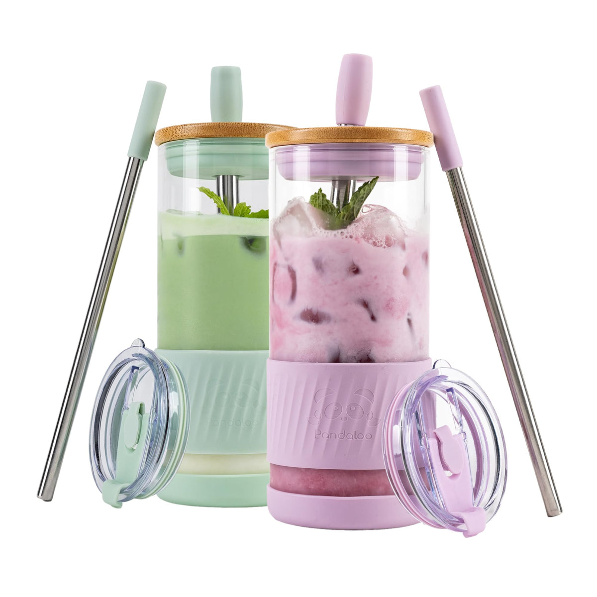 Pandaloo® Glass Cups With Lids and Straws -20 Fl Oz- Perfect Size Iced Coffee Cup - Smoothie Cup With Bamboo Lid and On the go Lid (Creamy Mushroom, 1 Count (Pack of 1)