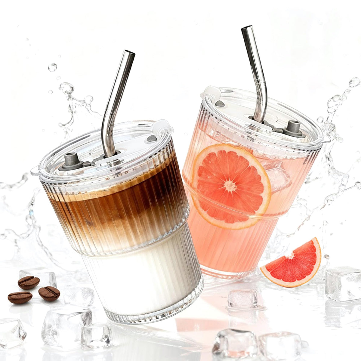 4 Packs Ribbed Glass Tumbler with Lid and Straw 13 oz Cute Ice Coffee Cup Set for Smoothie Juice Matcha Tea Latte Cappuccino Espresso Hot Coffe Water Reusable Clear Travel Boba Aesthetic Drinking Mug