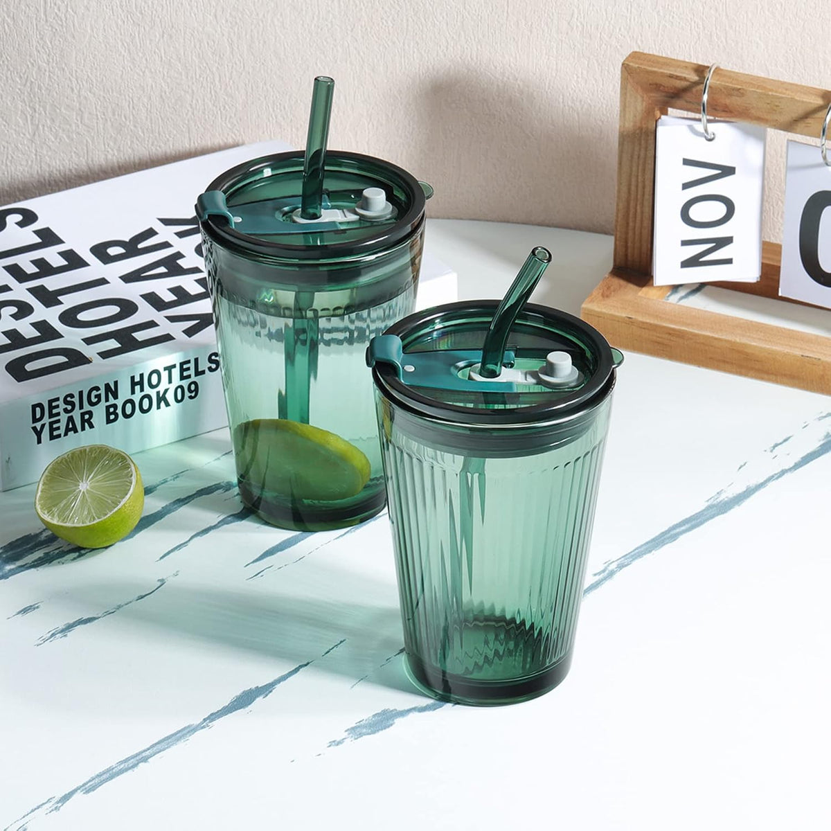 Joeyan Glass Tumbler with Straw and Lid,Green Glasses Water Cup with Straw