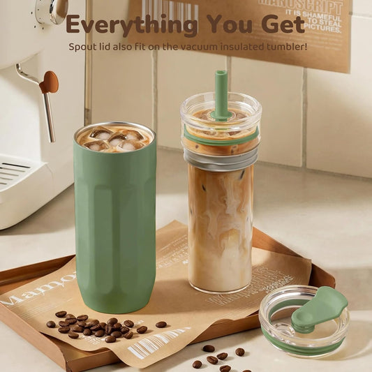 chunmo 18 oz Vacuum Insulated Glass Tumbler with Straw Lid & Spout Lid - Keeps Drinks Cold for 12 Hrs - Perfect Size Iced Coffee Cup - Smoothie Cup - Dishwasher Safe