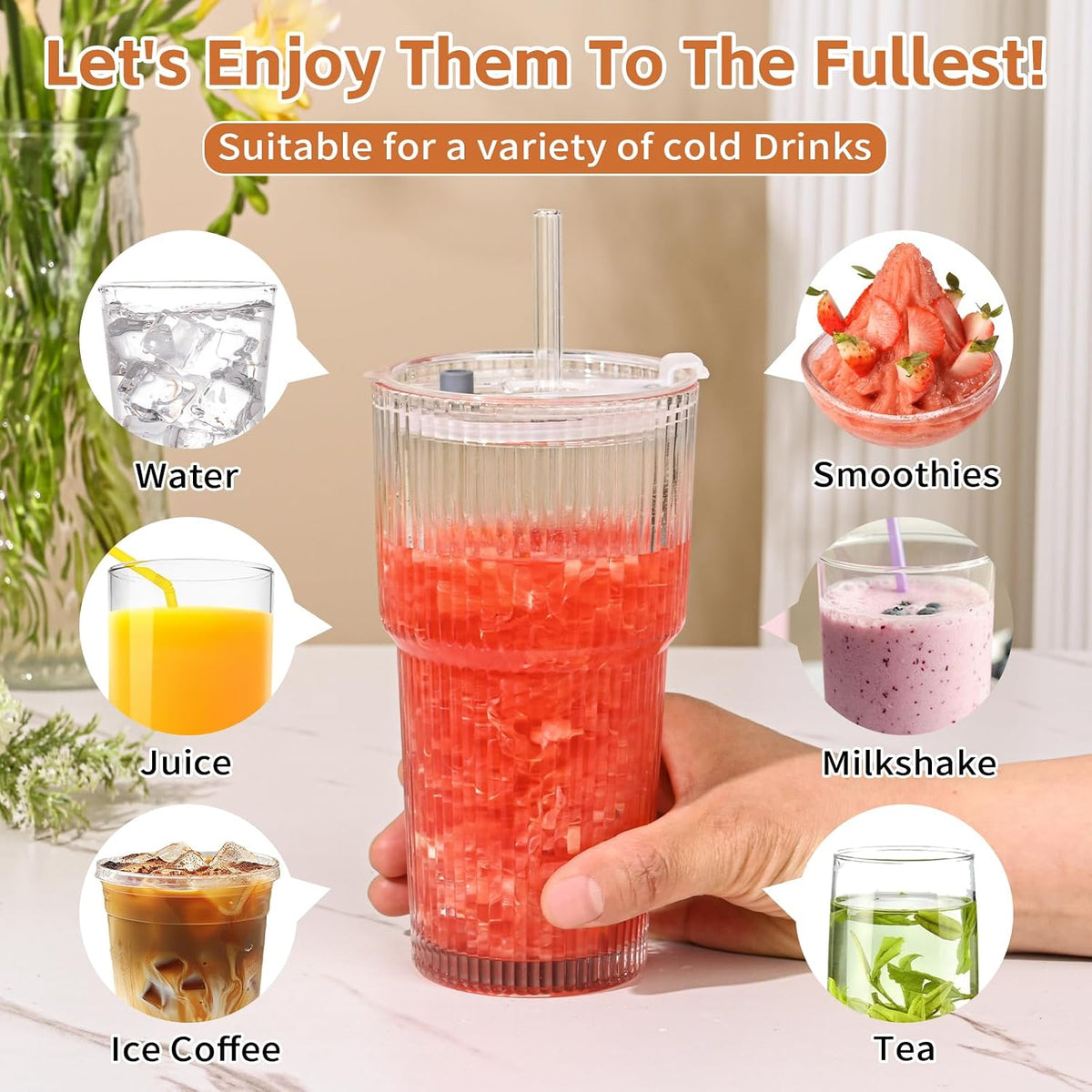 20oz Ribbed Glass Cups with Lids and Straws,1PCS Glass Tumbler with Straw and Lid,Iced Coffee Cups Drinking Glasses for Juice Whiskey Cocktail Beer