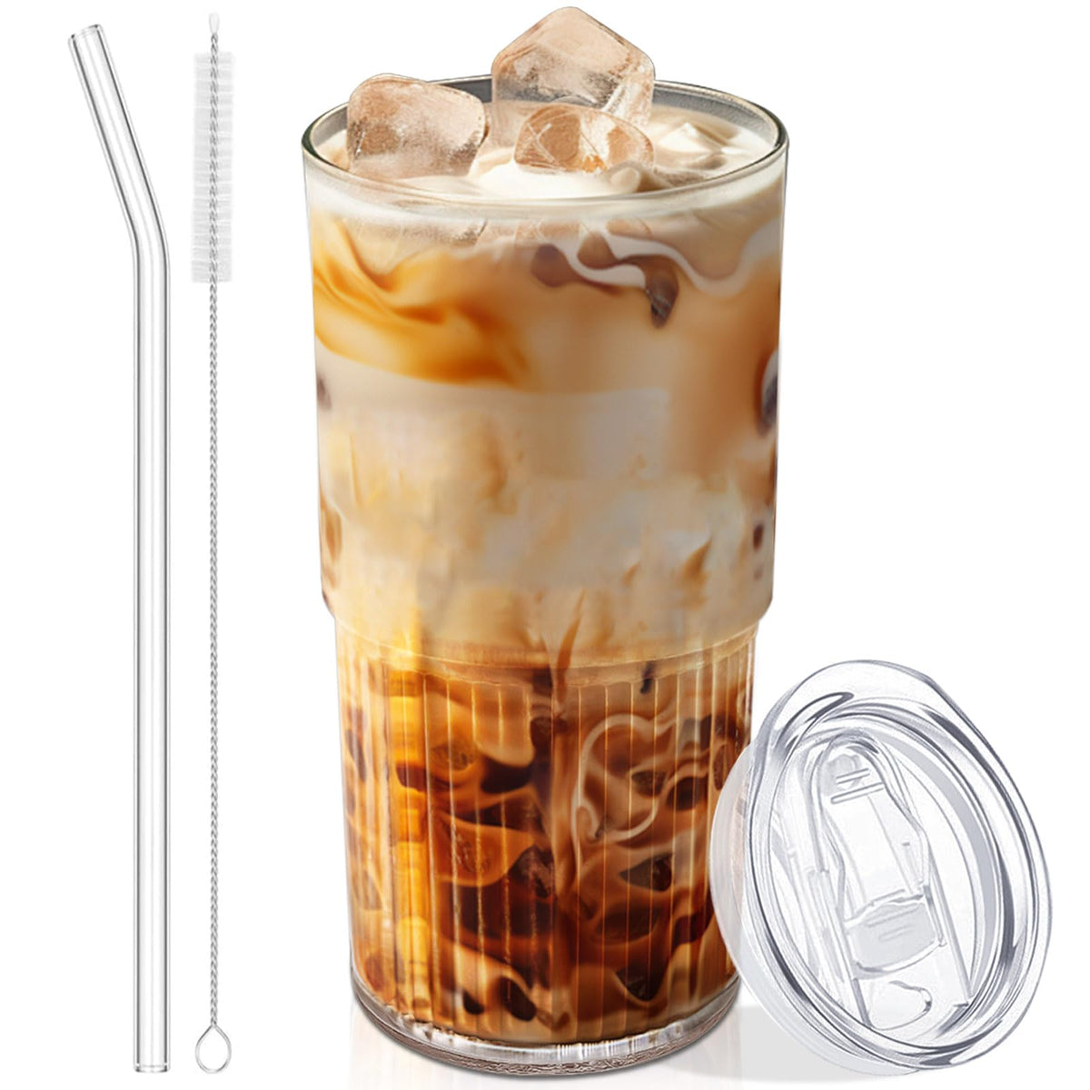 Luiaiog Glass Cups with Lids and Straws Set of 2, 18.6 oz Ribbed Drinking Glasses, Leakproof Glass Tumbler for Iced Coffee, Smoothie, Boba, Reusable Cups with Straw Brush, Dishwasher Safe