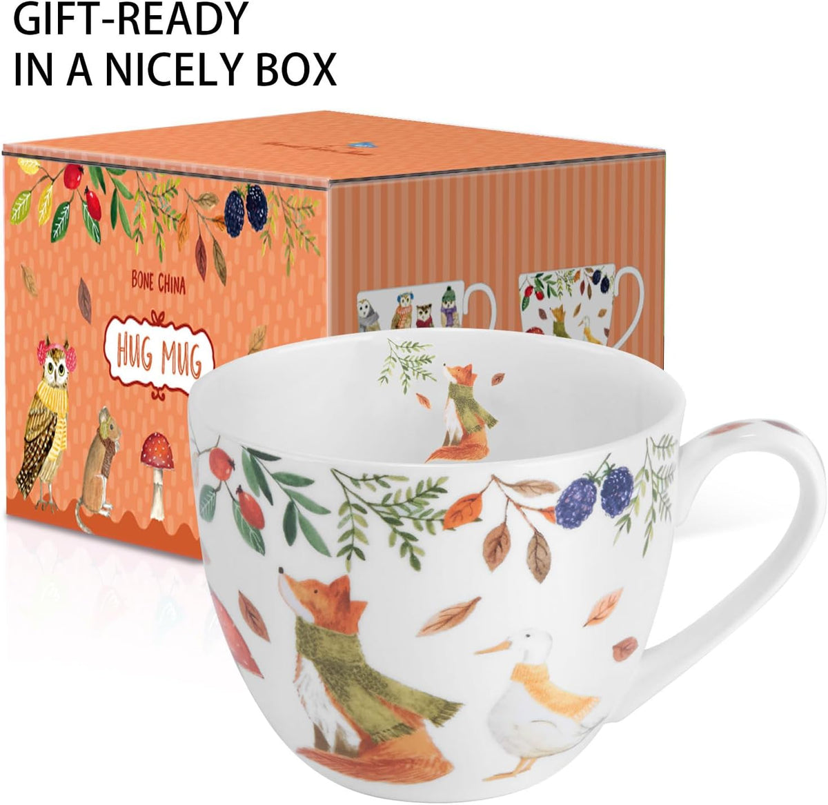 Autumn Forest Animal Mug - 20 oz Bone China Coffee Mug with Fox, Squirrel & Duck, Cozy Fall Gift for Nature Lovers and Friends, Designed in England by Harvest Green Studio