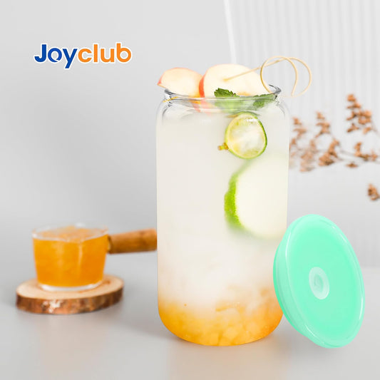 Joyclub 8pcs 16Oz Glass Cups with Acryic Lids and Straws Drinking Glasses