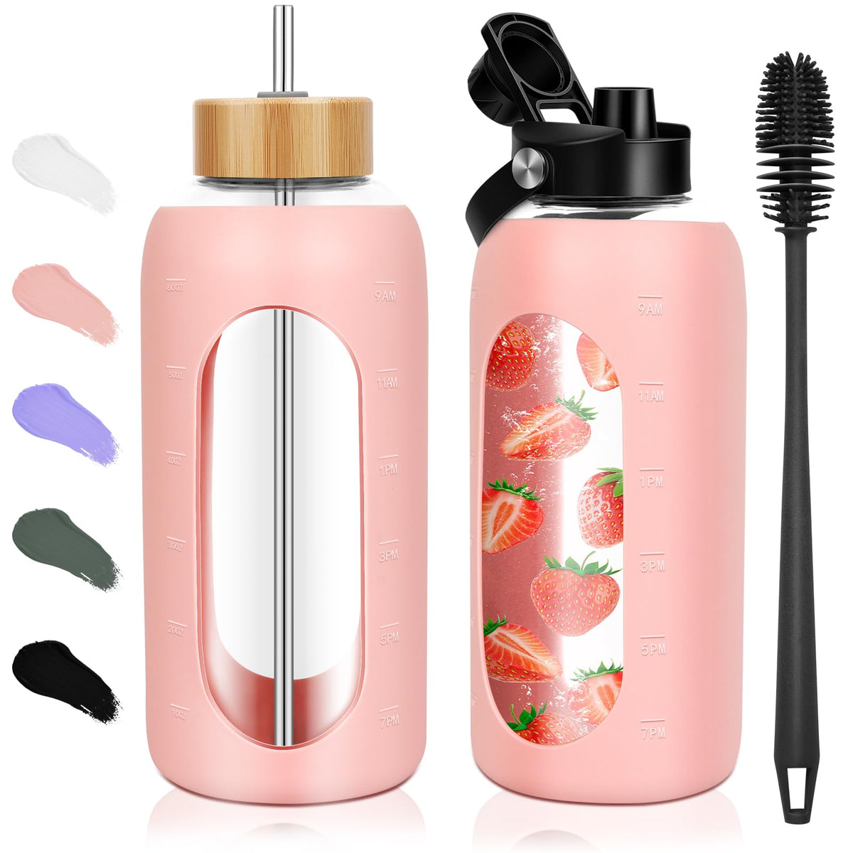 FULBEVY 32 oz Glass Water Bottles - 1 Liter Motivational Tumbler Water Bottle Time Marker - Borosilicate Glass Water Bottle With Silicone Sleeve and 2 Lids, Handle Spout & Bamboo Straw Lid (Olive)