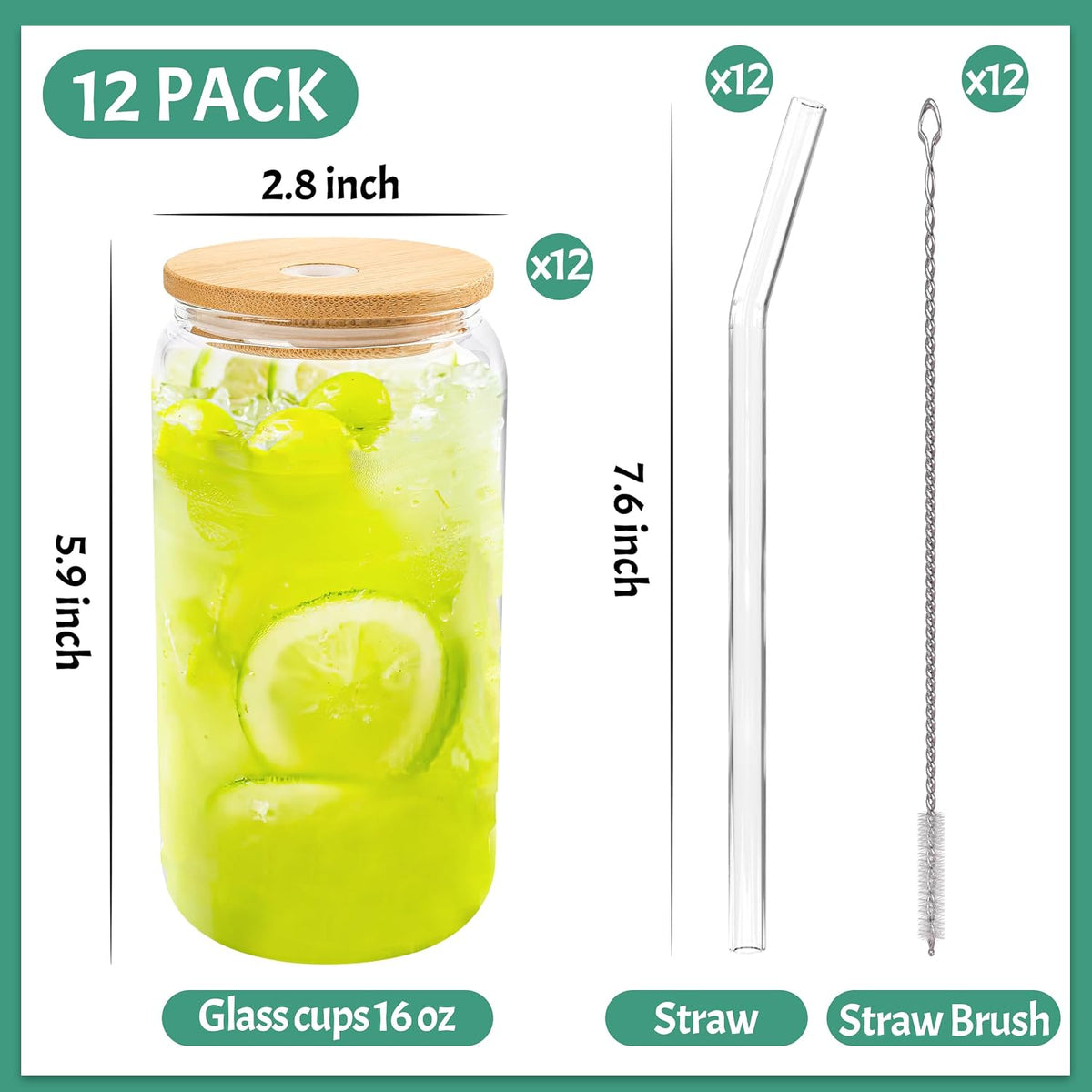 Joyclub 12Pcs Glass Cups with Bamboo Lids and Straws Bulk 16 oz Can Shaped