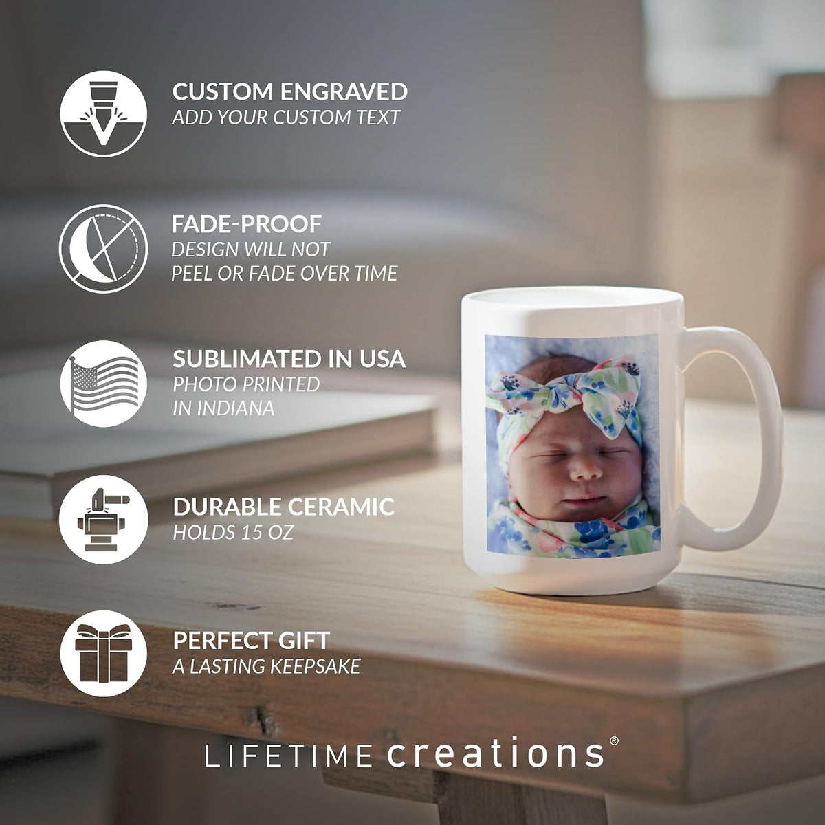 Lifetime Creations Custom New Baby Photo Mug with Text: Personalized Coffee Cup, 15 ounces, Custom Newborn Photo Gift for New Parents, New Mom Keepsake, Baby Name Announcement, Printed in USA