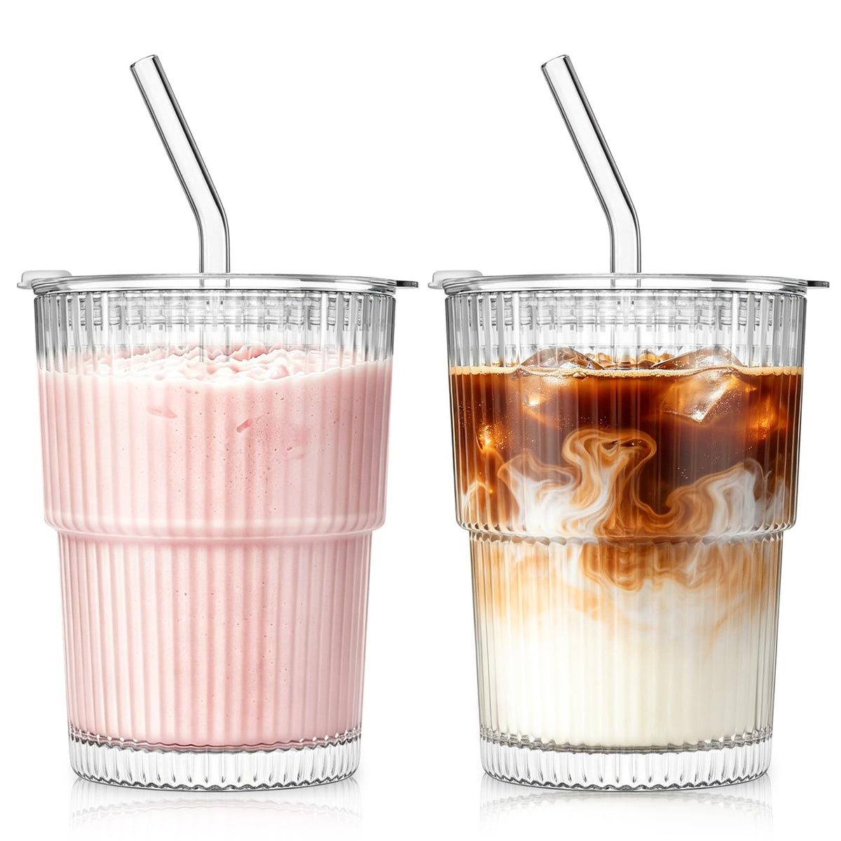 SoulTimes 13oz Clear Glass Tumbler with Lid and Straw – Iced Coffee Glasses Cups for Smoothie, Matcha, Juice, Water etc. Leakproof and Reusable Glassware Drinking for Travel To Go [2Pcs]