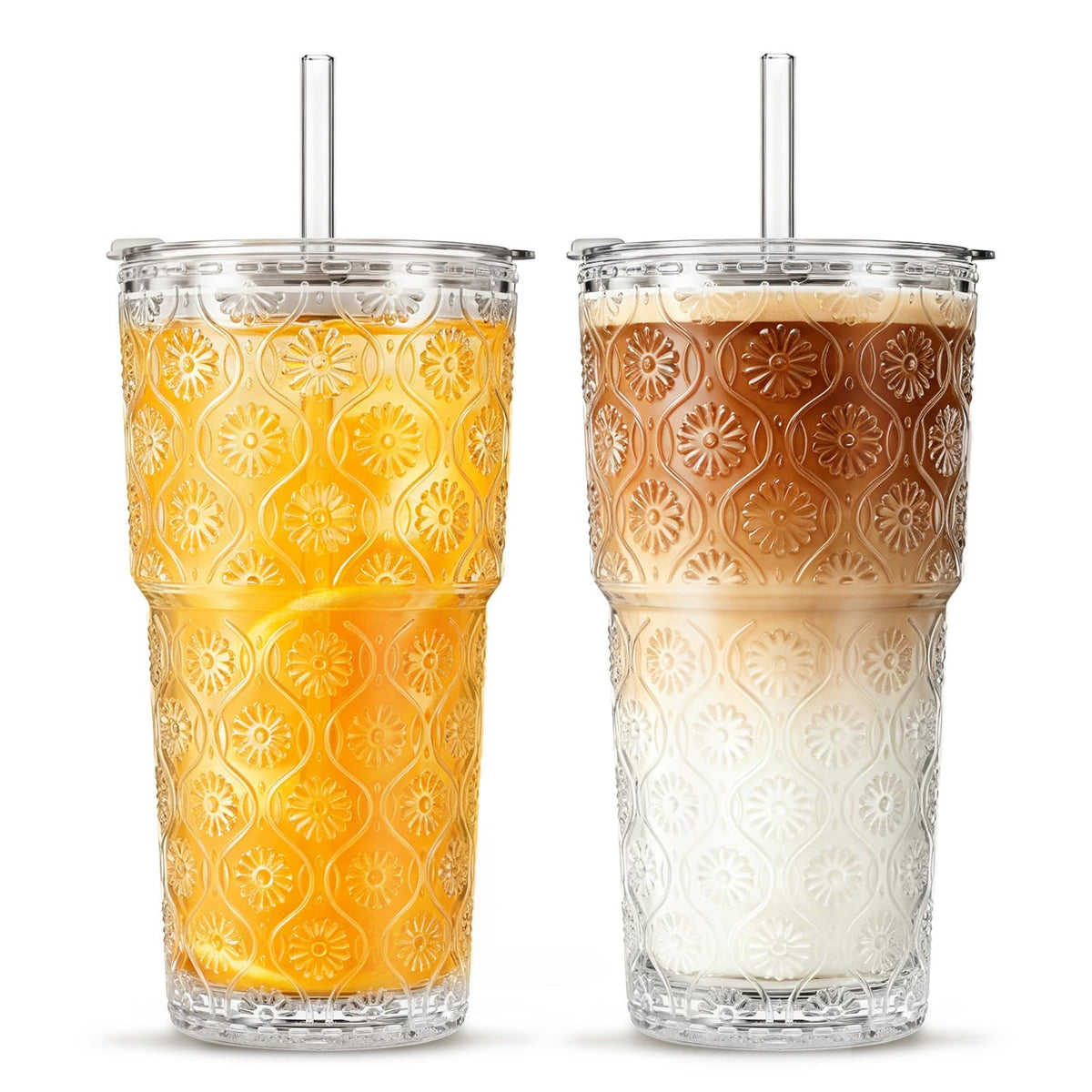 INSETLAN 20 oz Iced Coffee Cups with Lids and Straw, Set of 4 Glass Tumbler