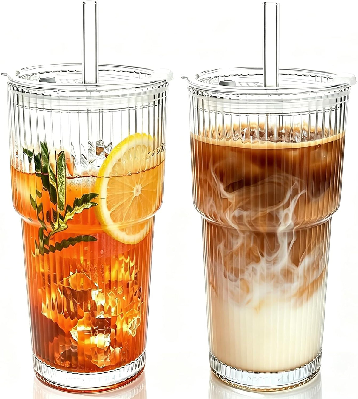 2PCS 20oz Glass Cups with Lids and Straws, Iced Coffee Cups with Lids, Stylish Ribbed Thick Drinking Glasses Tumbler for Juice, Smoothies, Cold Beverages, Cute Cup Gifts with Clean Brush