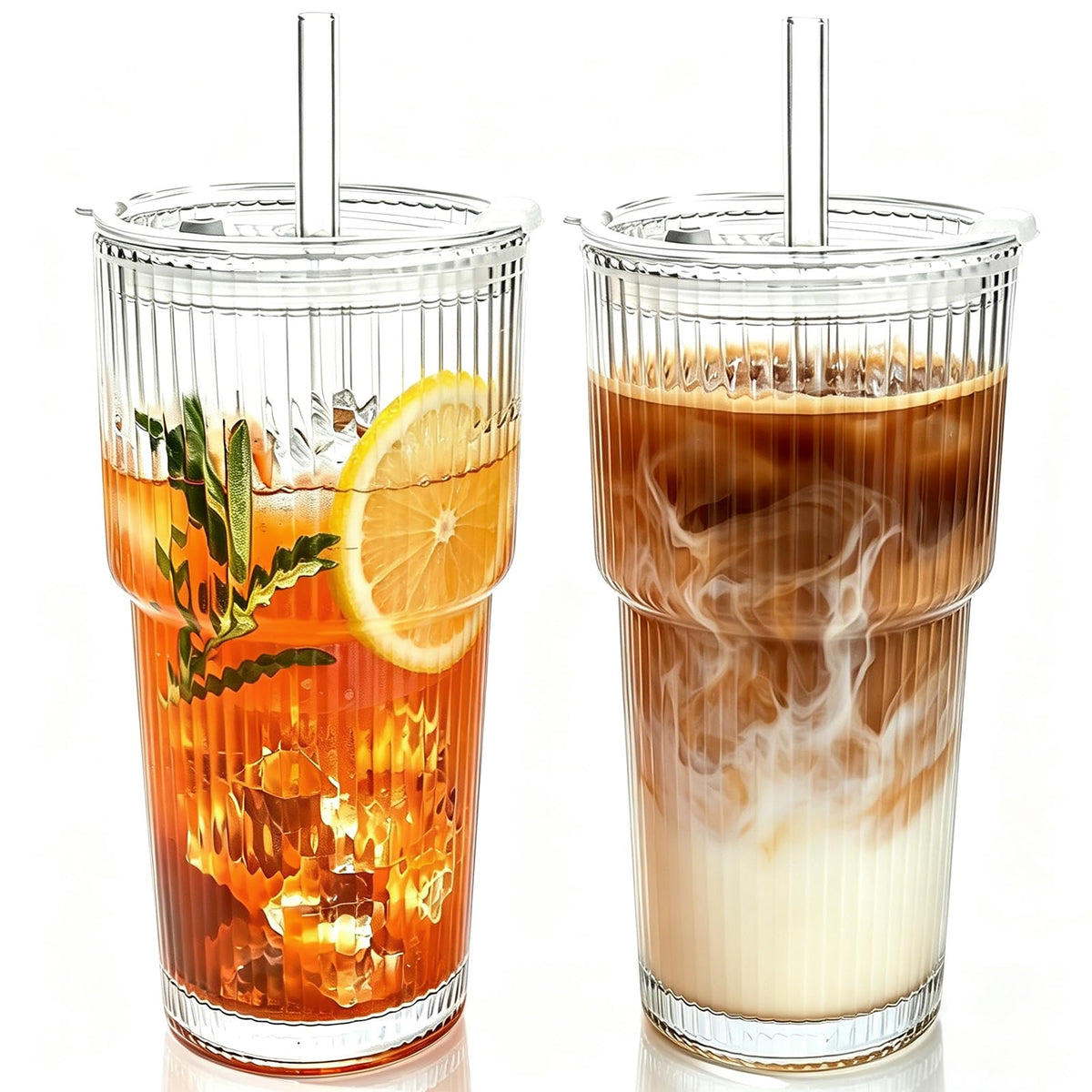 2PCS 20oz Glass Cups with Lids and Straws, Iced Coffee Cups with Lids, Stylish Ribbed Thick Drinking Glasses Tumbler for Juice, Smoothies, Cold Beverages, Cute Cup Gifts with Clean Brush