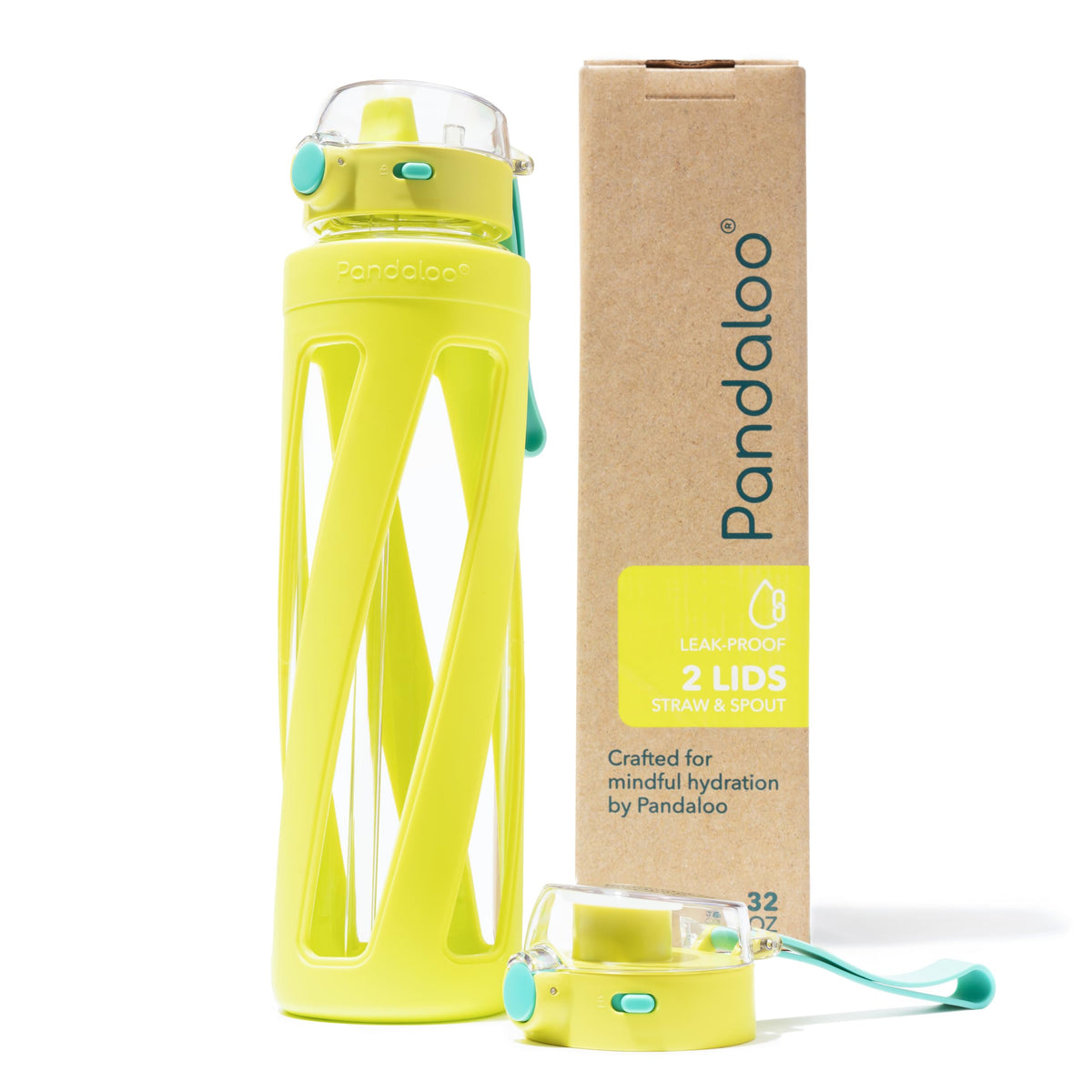 Pandaloo® Orbit 32 oz Glass Water Bottle with 2 Leak-Proof Lids (Straw & Spout), Wide Mouth, Borosilicate Glass, BPA-Free, Cup Holder Friendly for Gym, Work, Travel & Daily Hydration - Sage