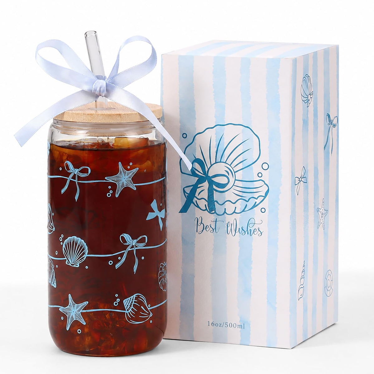 Floral Gifts for Women, Flower Glass Cup with Lid and Straw