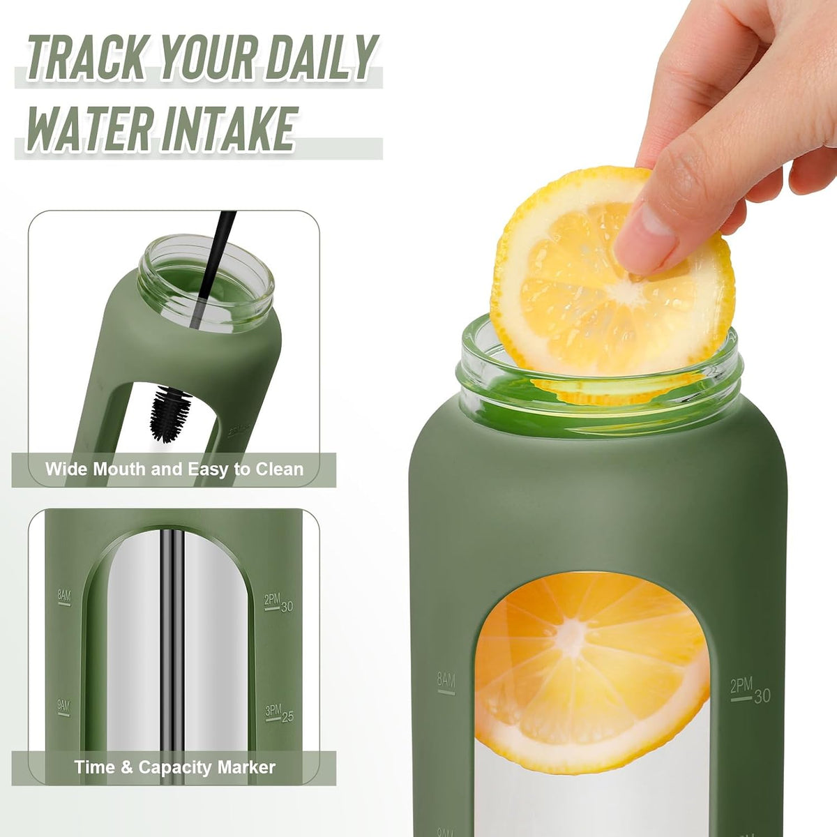 FULBEVY 32 oz Glass Water Bottles - 1 Liter Motivational Tumbler Water Bottle Time Marker - Borosilicate Glass Water Bottle With Silicone Sleeve and 2 Lids, Handle Spout & Bamboo Straw Lid (Olive)