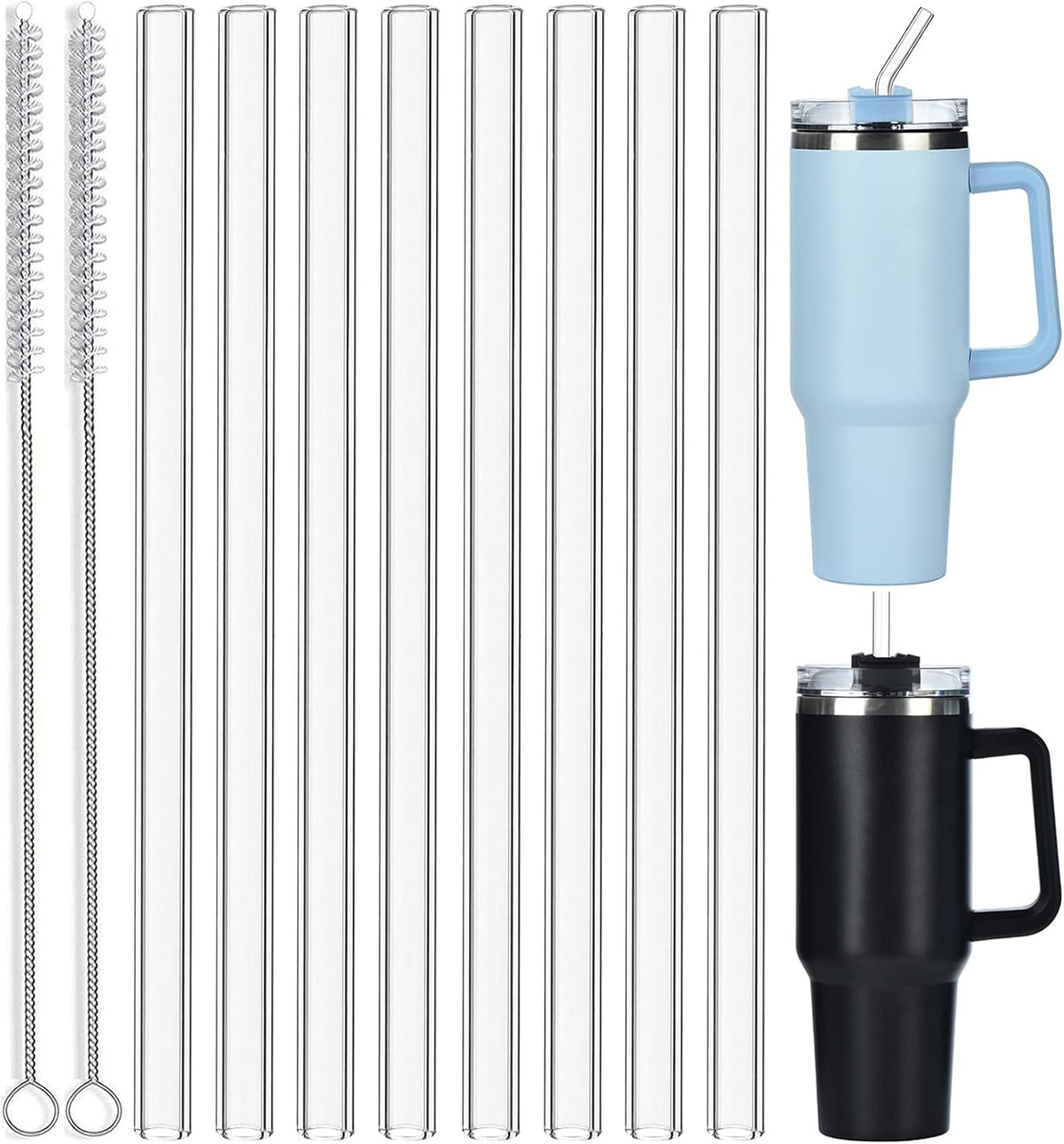 ALINK 8 Pack Replacement Glass Straws for Stanley 40 oz 30 oz Tumbler, 12 in Long Reusable Clear Straws for Stanley Cup Accessories, Half Gallon Bottle, Plus 2 Cleaning Brush
