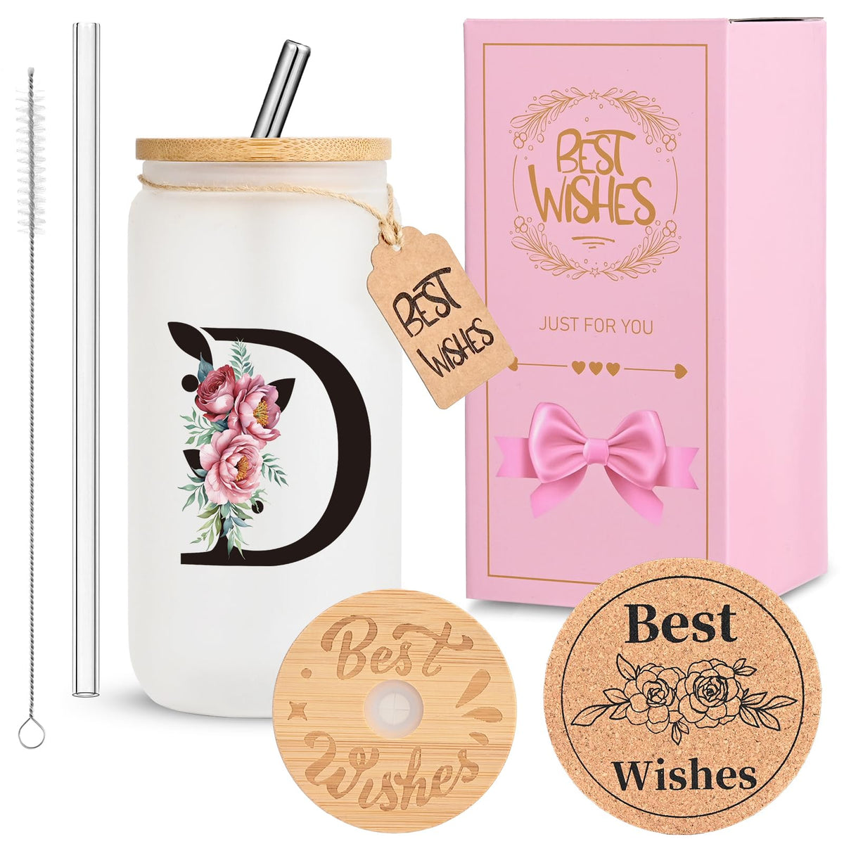 16oz Monogrammed Glass Tumbler, Frosted with Lid and Straw, Initial F