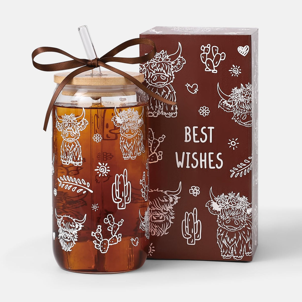 Floral Gifts for Women, Flower Glass Cup with Lid and Straw