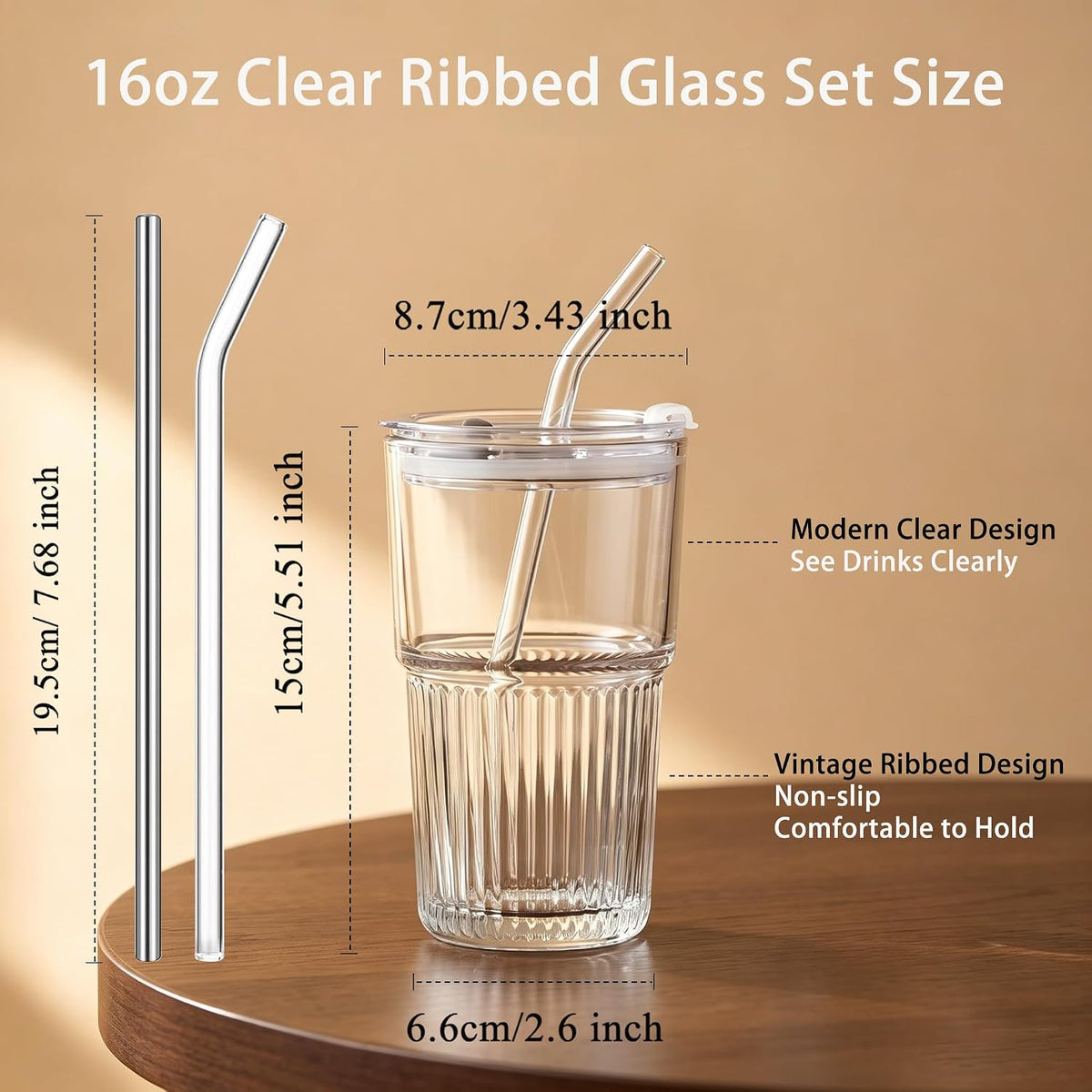 Glass Tumbler with Straw and Lid 16 oz Ribbed Glass Coffee Cups
