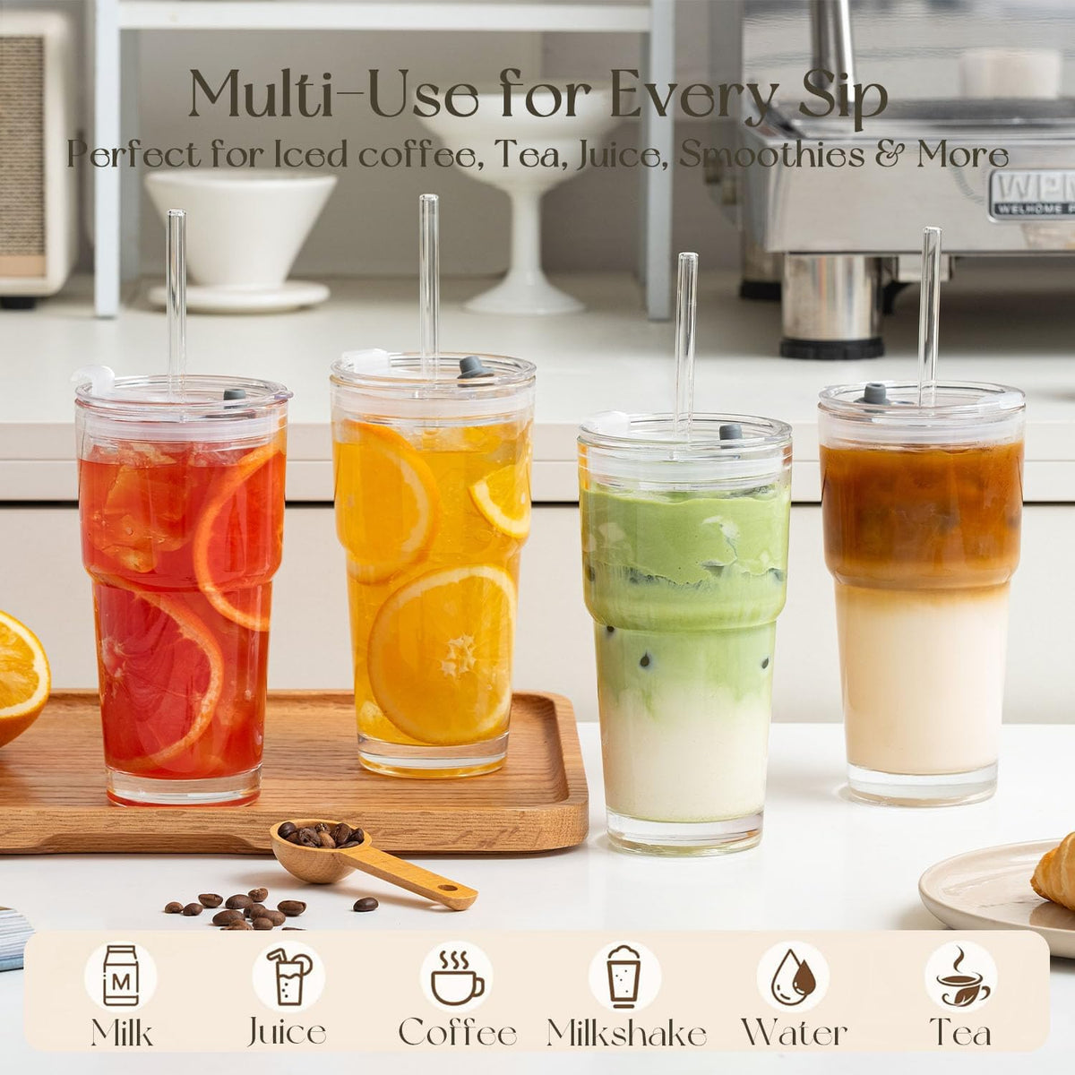 KEMORELA 20oz Crystal‑clear Iced Coffee Cups with Lids, Glass Cups Tumblers