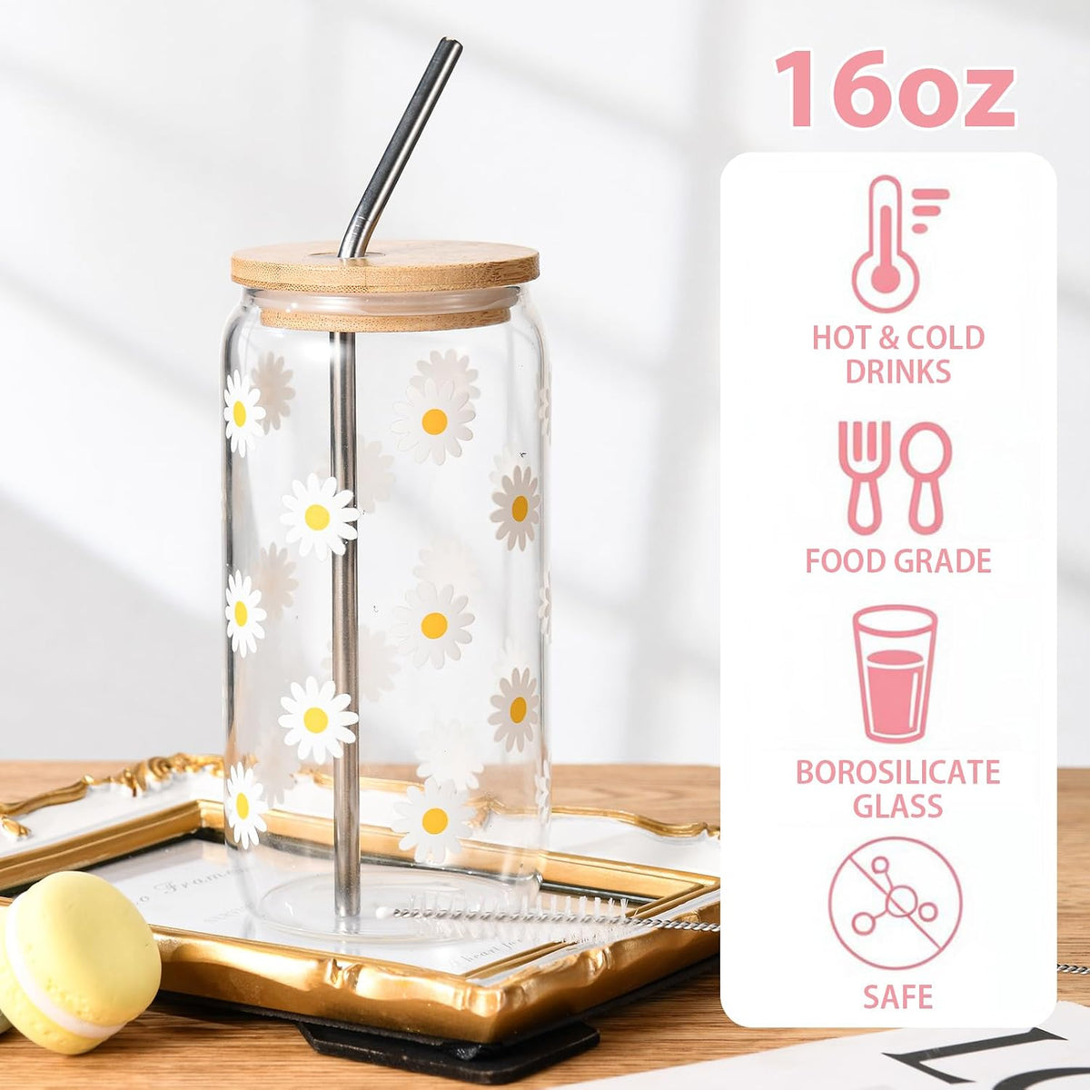 ANABIUP Cute Glass Cups with Lids and Straws, Daisy Flower Iced Coffee Smoothie Matcha Cup Tumbler Birthday Gifts for Women Sister Friend Her Preppy Teenage Girls Teen Girl Gifts Trendy Stuff Things