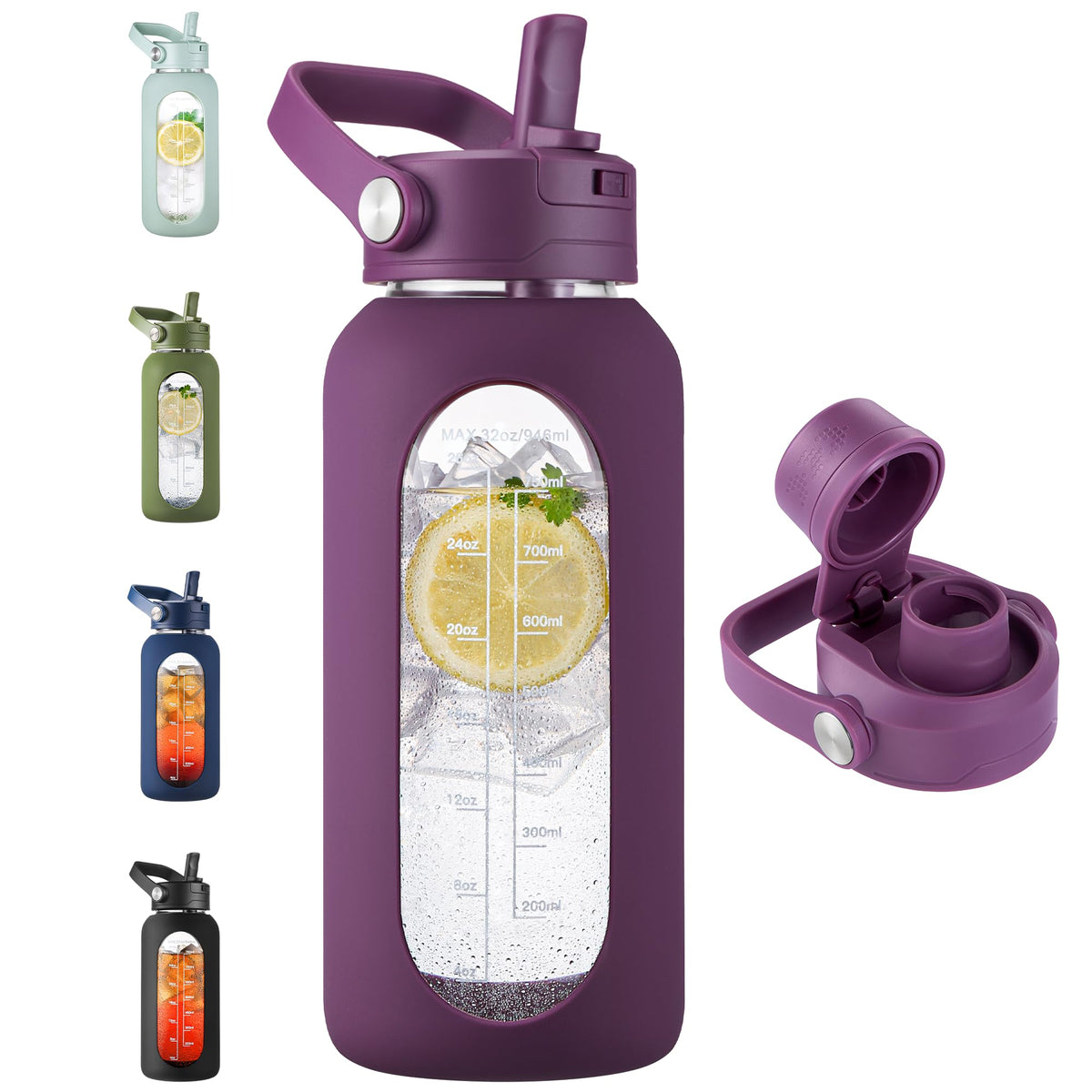 CIVAGO 64 oz Glass Water Bottle Jug with Detachable Straw and Time Maker