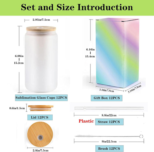 ABBSH Sublimation Glass Cups With Bamboo Lids And Straws 16OZ，Sublimation Beer Can Glass, Sublimation Frosted Glass Tumbler Blanks 12Pack