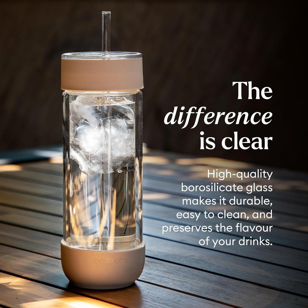 Ember Cold Tumbler 16 oz – Insulated Glass Iced Coffee Cup with Straw & Spill-Proof Lid, Keeps Drinks Cold, Eliminates Condensation, Modern Double-Wall Design, Sandstone