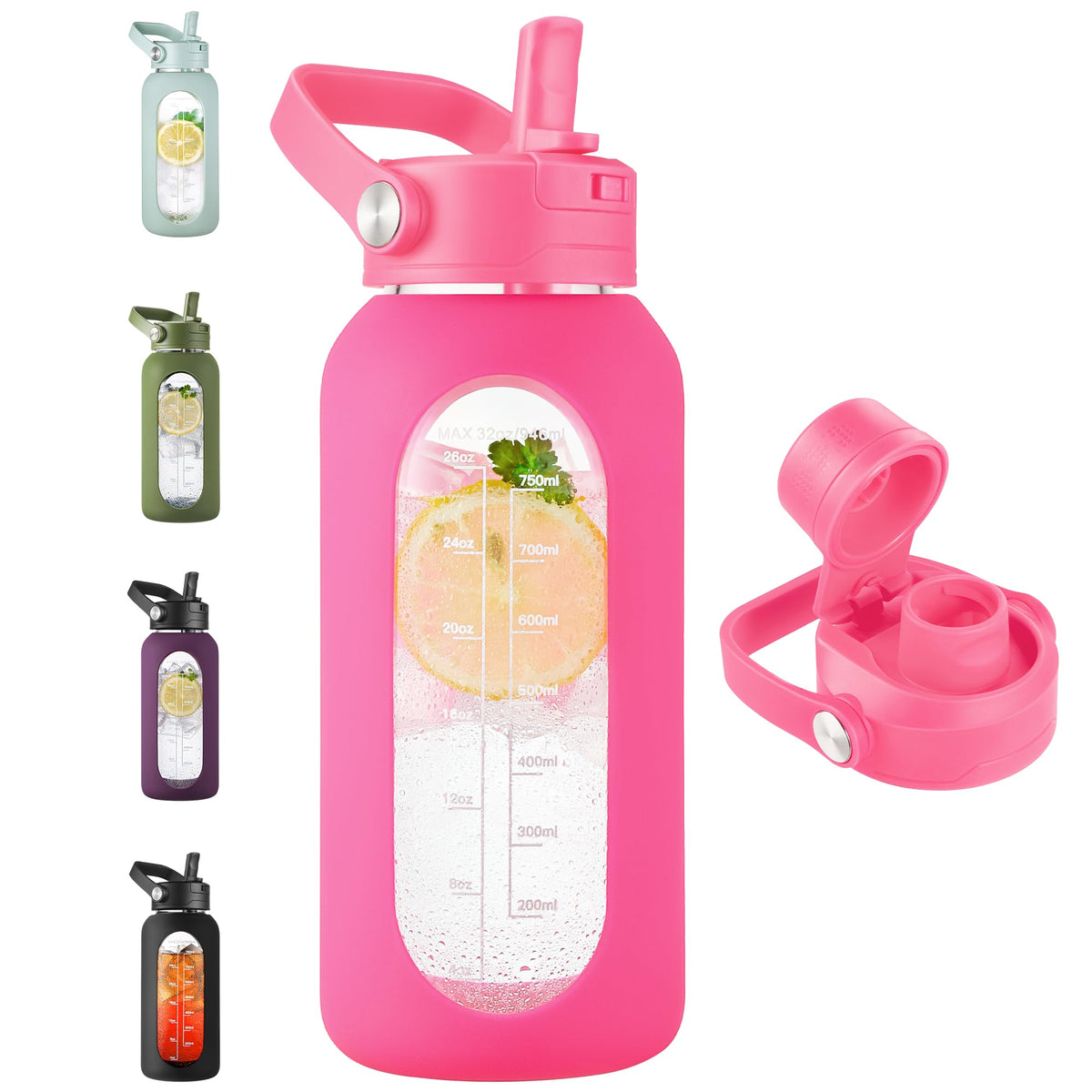 CIVAGO 64 oz Glass Water Bottle Jug with Detachable Straw and Time Maker