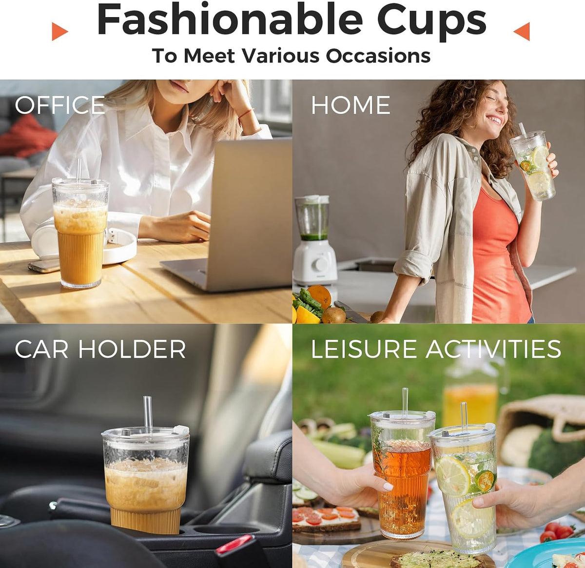 20oz Glass Cups with Lids and Straws: Iced Coffee Tumbler with Lids, Reusable Thick Drinking Ribbed to Go Glasses Matcha Cup for Juice, Smoothies, Cold Beverages with Clean Brush,2 PCS