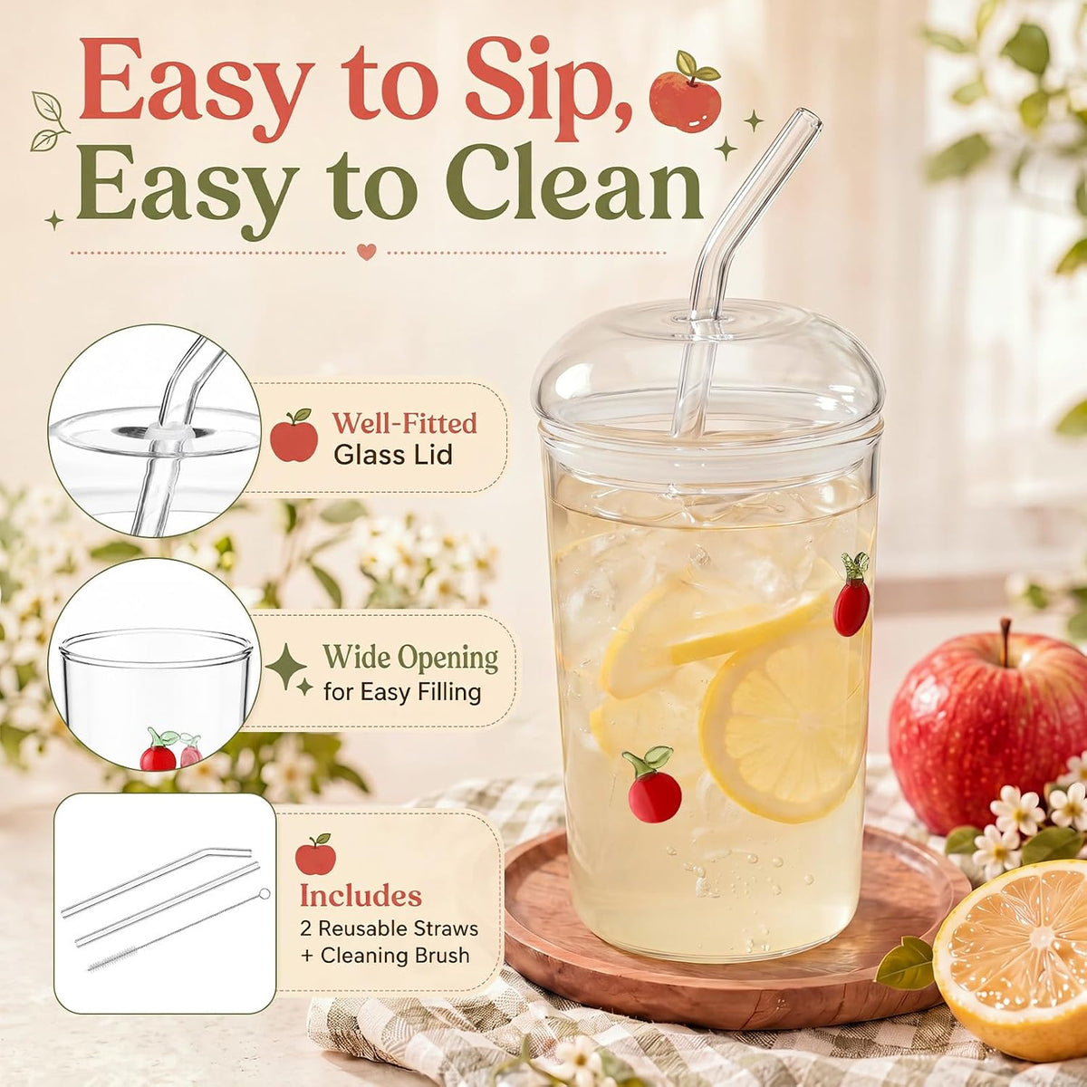 Rtteri Glass Cup with Dome Lid and Straw 17oz Apple Icon Juice Cute Tumbler