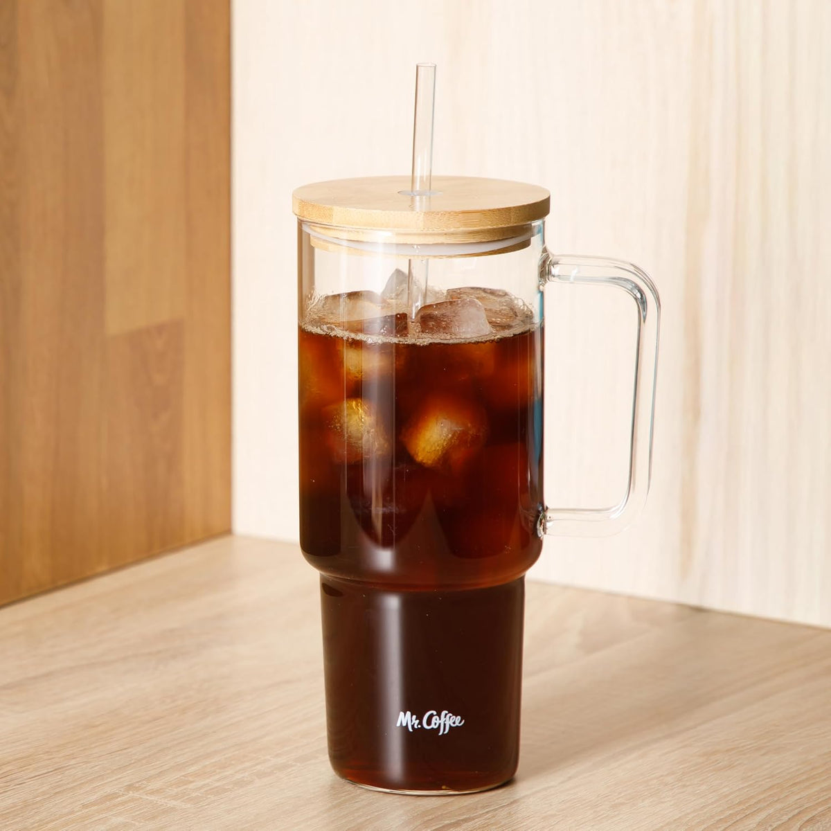 Mr. Coffee Crafted Calm 34 oz Borosilicate Glass Tumbler with Handle, Straw and Bamboo Lid, Iced Coffee Cup, BPA Free, Dishwasher Safe