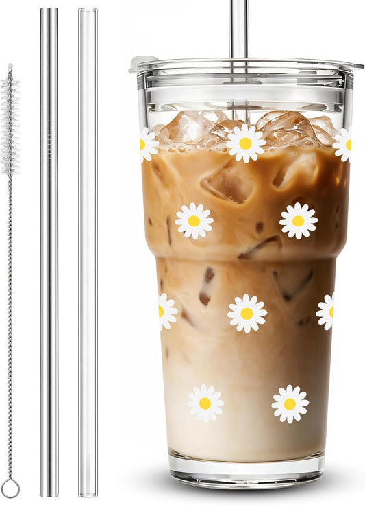 Cute Glass Cups with Lid and Straws, 20oz, Reusable Iced Coffee Cup Tumbler