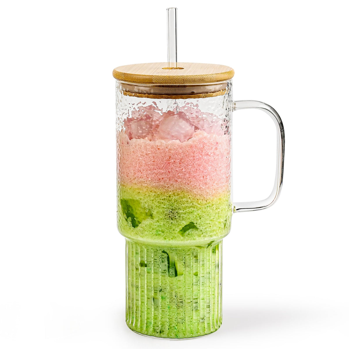 32oz Ribbed Borosilicate Glass Tumbler with Handle, Bamboo Lid and Straw (clear-1 Pack-Bamboo Lid)