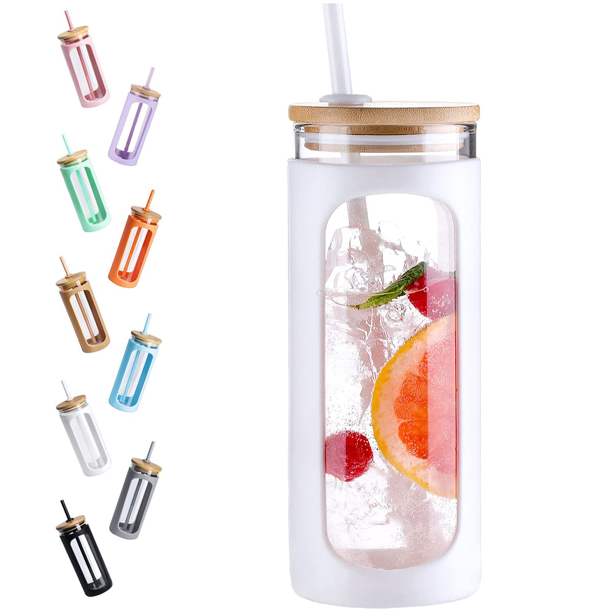 Kodrine 20oz Glass Water Tumbler with Straw and Lid, Bamboo Lids Water Bottle, Iced Coffee Cup Reusable, Wide Mouth Smoothie Cups with Protective Silicone Sleeve BPA FREE-Amber