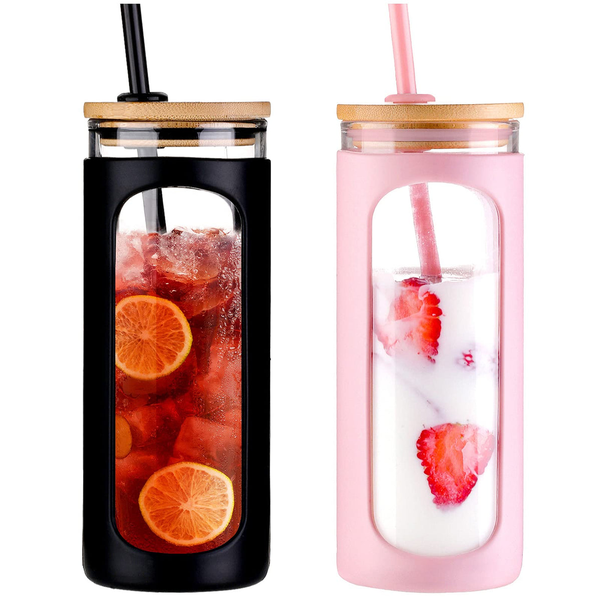 Kodrine 20oz Glass Water Tumbler with Straw and Lid, Bamboo Lids Water Bottle, Iced Coffee Cup Reusable, Wide Mouth Smoothie Cups with Protective Silicone Sleeve BPA FREE-Amber