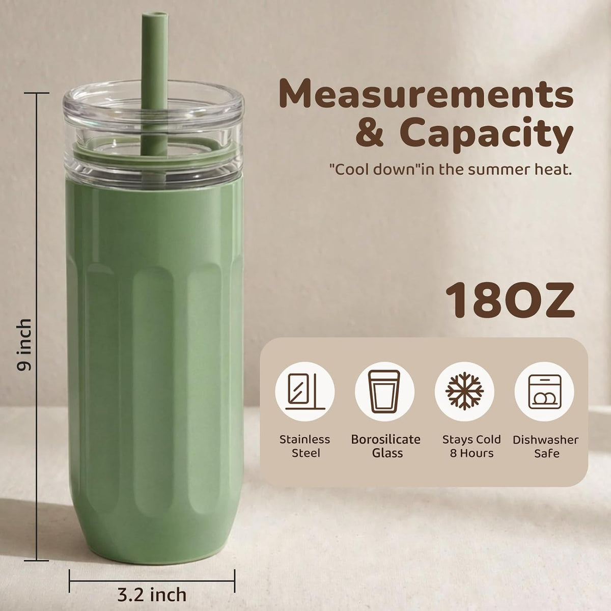 chunmo 18 oz Vacuum Insulated Glass Tumbler with Straw Lid & Spout Lid - Keeps Drinks Cold for 12 Hrs - Perfect Size Iced Coffee Cup - Smoothie Cup - Dishwasher Safe