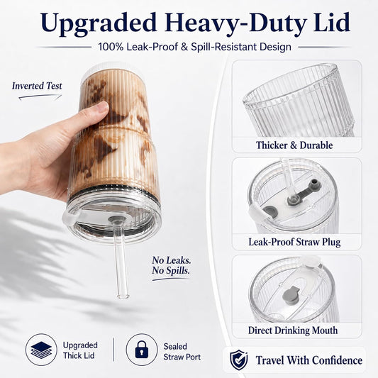 Dukars 20 oz Glass Iced Coffee Cups with Leakproof Lids and Tritan Straws
