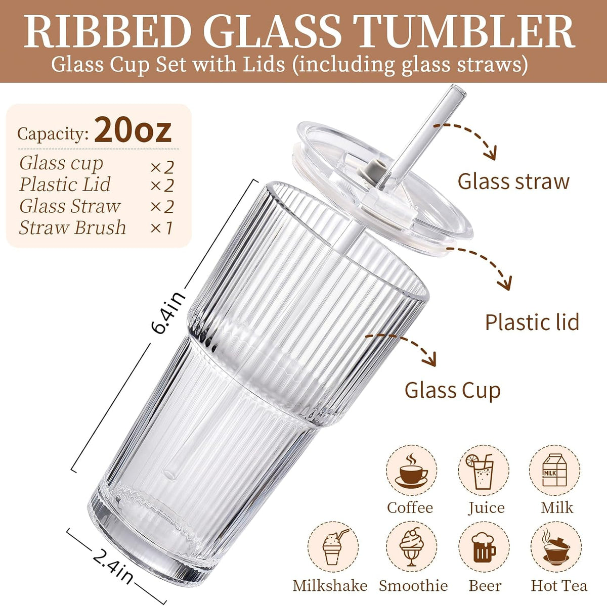 Iced Coffee Cups with Lids,Glass Cups with Lids and Straws,2 Coffee Tumbler
