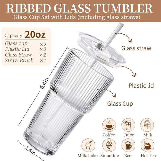 Iced Coffee Cups with Lids,Glass Cups with Lids and Straws,2 Coffee Tumbler