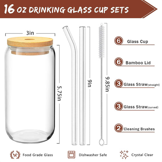 16 Oz Drinking Glasses - 6 Pcs Glass Cups with Bamboo Lids and Straws